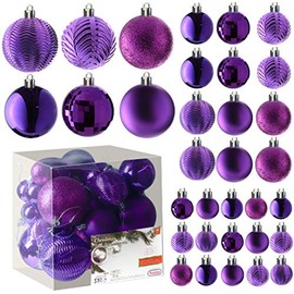 Prextex Purple Christmas Ball Ornaments for Christams Decorations - 36 Pieces Xmas Tree Shatterproof Ornaments with Hanging Loop for Holiday and Party Deocation (Combo of 6 Styles in 3 Sizes)