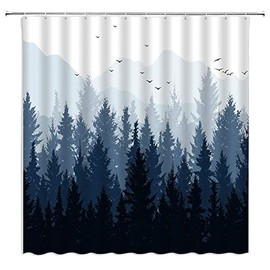 Misty Forest Shower Curtain Blue Mountain Pine Tree Jungle Birds Rustic Nature Scenery Landscape Bathroom Decor Fabric Curtain with Hooks