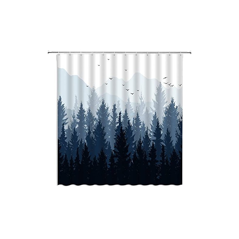 Misty Forest Shower Curtain Blue Mountain Pine Tree Jungle Birds