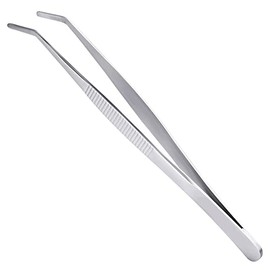 Long Forceps Tweezers, Serrated Bent Tweezers Flat Tips Precision Curved Science Surgical Tongs Jewelers Needle Metal Sewing Sharp Small Kitchen Cooking Tweezers with Teeth Knurled Handles (1PCS)