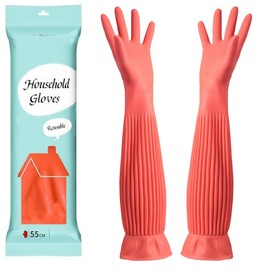 YONG-SHENG Cleaning Glove, Kitchen Dishwashing Glove, Heavy Duty Rubber Gloves, Waterproof Gloves, Non-slip and Corrosion-Resistant, Suitable for Housework Cleaning (Red, 55CM L)
