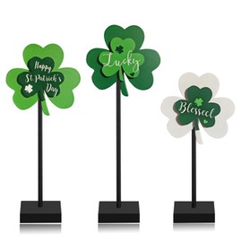 Happy St. Patrick's Day Blessed Lucky Irish Wood Sign Decor Farmhouse Home Office Coffee Bar Kitchen Table Decor 3 Pieces Green