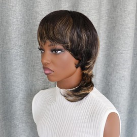 Highlight Mullet Dovetail Pixie Wigs Human Hair Body Wave Pixie Cut Human Hair Wig With Bangs Mullet Wigs Brazilian Remy Human Hair Wig No Lace Full Machine Made Wig Long Wigs For Women Multicolor