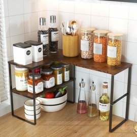 Golener Countertop Organizer Corner Shelf, 2 Tier Adjustable Stackable Corner Shelves for Kitchen, Bathroom, Spice Rack, Coffee Area, Over Sink, Dresser Table, Corner Counter Shelf Stand, Rustic Brown