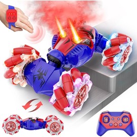 WOPD Spider RC car with spray, gesture sensing RC stunt car toy, 2.4Ghz hand-controlled drift car with lights and music - Colour: red and blue