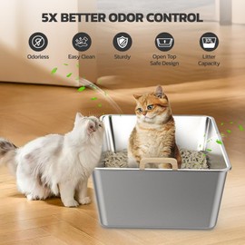 JDCQKHA Stainless Steel Sifting Cat Litter Box, Extra Large Sifting Litter Box for Pine Pellets, Odor Control Metal Cat Litter Pan with Metal Scoop and Litter Liners, Easy to Clean
