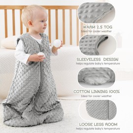 FILLEEP Fleece Baby Sleep Sack 12-18 Months 2.5 Tog with Plush Dots, Winter Baby Wearable Blanket for Infant Toddler Sleeping Sack 2-Way Zipper Warm Sleep Sack, Grey