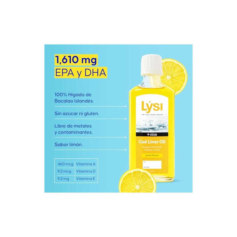 LÝSI Omega 3 Aceite de Bacalao 240 ml, Vitaminas A,