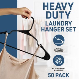 Lifemaster Plastic Clothes Hanger Set - 50 Pieces Versatile, Lightweight, Space-Saving, Non-Slip, Slim Designed, Dry and Wet Clothes Hanger Set - Black