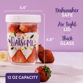 Oatsome 4-Pack 12 oz Overnight Oats Containers with Lids, Glass Storage Containers with Lids, Wide Mouth Mason Jars for Food Storage, Oatmeal, Snacks, Cereal, Yogurt, Sugar