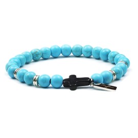 Raffici Turquoise-Inspired Beaded Bracelet for Men & Women – Black Agate Cross – Stretch Elastic Adjustable 17-21 cm – Unisex Gift Jewelry with Velvet Pouch
