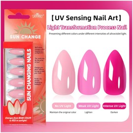 Somelese Thermochromic Color-Changing Press-On Nails - 24pcs Almond Shape Nude to Pink Temperature Reactive Fake Nails, Long Pointed Nail Extensions for Women - Naked Color French Style Nails
