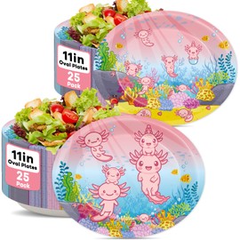 50Pcs Pink Cartoon Axolotl Birthday Party Supplies Axolotl Paper Plates Reptile Animals Disposable Oval Plates Cute Cartoon Party Tableware for Girl Kids Birthday Decorations Baby Shower Picnic