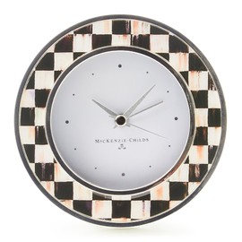 MACKENZIE-CHILDS Silver-Plated Round Desk Clock, Decorative Clock for Living Room, Kitchen, or Office, Black-and-White Courtly Check