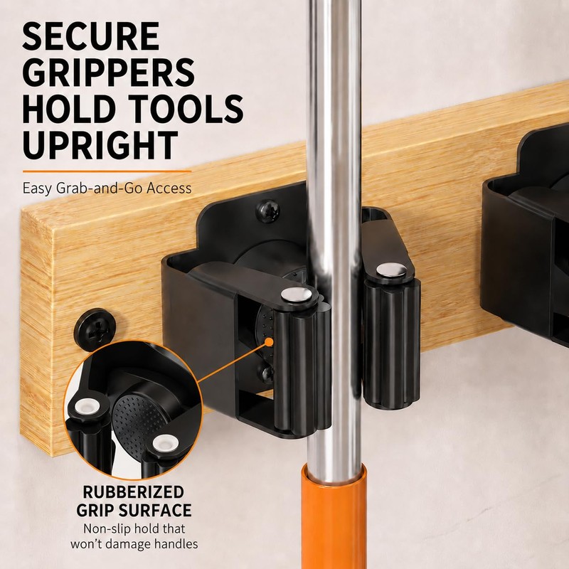 Flysoon Broom Holder Wall Mount With Built-In Guardrail Shelf, Cleaning