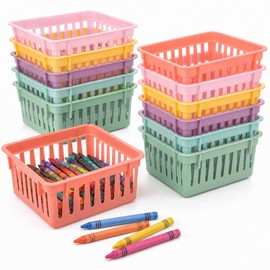 gisgfim 12 Pack Small Plastic Baskets for Organizing Classroom Storage Basket Mini Crayon Storage Bins Container Box Bins for School Teacher Supplies Desk Home Office 5.3" L X 5.3" W X 2.4" H (Pastel)