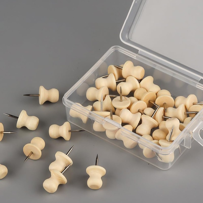 Pack of 50 wooden push pins, thumbtacks wood for cork