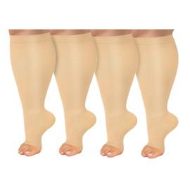 Open Toe Plus Size Compression Socks: Wide Calf Graduated Compression Stockings for Men Women Large Compression Sock for Support Travel 2 Pairs (Skin tone, exposed toes, 3XL)