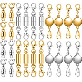 24 Pcs 3 Styles Magnetic Necklace Clasps and Closures, Round, Cylindrical, Tubular Jewelry Magnetic Clasp Connector Locking Magnetic Clasp Bracelet Extender for Jewelry Making (Gold, Silver)