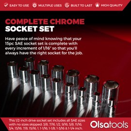 Olsa Tools SAE Socket Set (15pc) | 1/2-Inch Drive | 6-Point Shallow Socket Set | Standard Imperial Sizes from 3/8" to 1-1/4" | Mechanic Fractional Short Chrome Sockets | Professional Grade