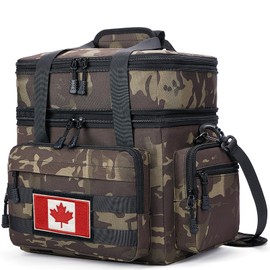 Double Deck Tactical Lunch Box for Adults, Large Leakproof Insulated Lunch Bag with Shoulder Strap, Dual Compartment Cooler Bag, Lunch Box for Men Work Camping Fishing Picnic (Black-Camo, 16L)