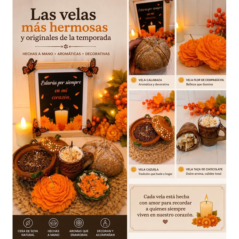 Paquete para altar de muertos 6 velas artesanales cempasuchil, arriz