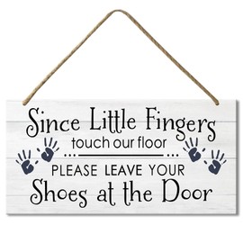 Fenarenes Please Take Your Shoes Off, Remove Your Shoes Sign, Wood Plank Hanging Sign, Since Little Fingers Touch Our Floor 12x6 Inches