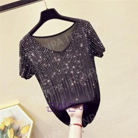 Women's Silk V-Neck Latin Salsa Belly Ballroom Zumba Line Dance Top Practice Wear Black/S