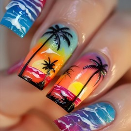 Summer Press on Nails Medium Long Square Fake Nails with Coconut Tree Design Setting Sun Glue on Nails Sea Wave Stick on Nails Reusable Beach False Nails for Women Girls Manicure 24pcs