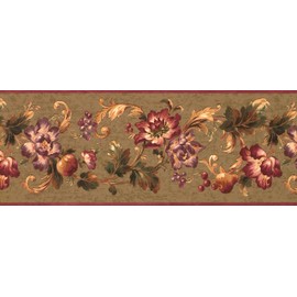CONCORD WALLCOVERINGS ™ Wallpaper Border Floral Pattern Flowers Berries Grapes Leaves for Kitchen Dining Area Cottage Farmhouse, Green Burgundy Gold, 15 ft by 9 in HV6063B