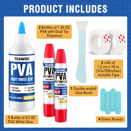 TEAWOO Book Repair & Binding Glue Kit – 8.5 Oz + 2×1.35 Oz Acid-Free PVA Adhesive – Neutral pH, Dries Clear & Flexible for Books, Crafts, Collages & Paper Art, Used for Bookbinding and Book Repair