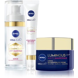 Kit Anti-manchas Rutina Facial de Noche Nivea Luminous 630 Serum facial, 30 ml + Contorno de Ojos con Cafeína, 15 ml + Crema facial de Noche, 50 ml Enriquecida con Ácido Hialurónico