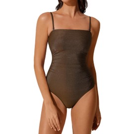 DOULAFASS Costume da bagno intero da donna con spalline rimovibili, a fascia, arricciato, modellante, lucente, XL