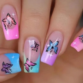 French Press on Nails Medium Square Fake Nails Spring Summer False Nails with Butterfly Designs Colorful French Tip Acrylic Stick on Nails Full Cover Glue on Nails for Women Girls 24Pcs
