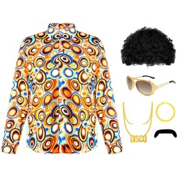Hippie Costume for Men 6PCS 60s 70s Disco Wigs Outfits Accessories Set Cool Hip Hop 80s Shirts Theme Party