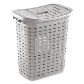 Sterilite Plastic Wicker Style Weave Laundry Hamper, Portable Slim Clothes Storage Basket Bin with Lid and Handles, Cement Gray, 4-Pack