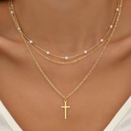 Ximdble Vintage Layered Cross Pendant Necklace Boho Pearl Choker Necklace Gold Cross Choker Necklace Pearl Station Chain Necklace for Women