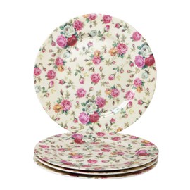 Gracie China by Coastline Imports Cream Rose Chintz All Over Set of 4 Dessert Salad Plates, 8-Inch, Pink Yellow