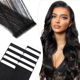 Elailite Tape Extensions Real Hair #1 Black, Pack of 10 Invisible Glue Hair Extensions 25 g, 50 cm Sewn Hair Straight Invisible