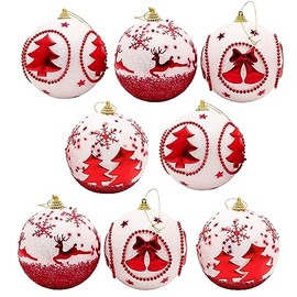 Toyland® Pack of 8-9cm (90mm) Decorated Baubles - Red & White Glitter Design - Christmas Tree Decorations
