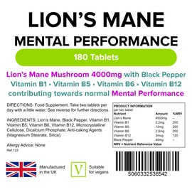 Lindens - Lion’s Mane - 4000mg - 180 Tablets | UK Made | High-Strength Lion’s Mane Mushroom Extract with B Vitamins & Black Pepper | Vegan