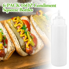 EASYKEENECOM Pack of 6 500 ml (16 oz) Squeeze Bottle, Plastic Squeeze Bottle with Caps, Squeeze Condiment Bottles for Ketchup, Pigment Squeeze Bottle, with Funnel, Sticker Label