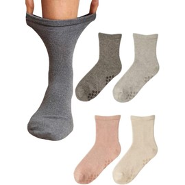 NAKAMAJITA Women's Crew Socks with Elastic Cuff and Non-Slip Sole, Set of 4, 8.7 - 9.8 inches (22 - 25 cm), Fall Prevention, Care Socks for Facilities and Hospitals, Cotton Blend