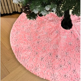 AOGU 60 Inch Sequin Faux Fur Christmas Tree Skirt for Christmas Tree Decorations Pink Plush Silver Sequin Snowflake Tree Skirt