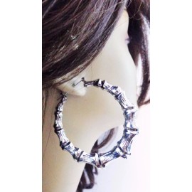 Unbranded LARGE 2.5 inch HOOP EARRINGS SILVER TONE BAMBOO HOOP EARRINGS DOUBLE SIDE