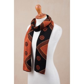 NOVICA Artisan Handmade Alpaca Blend Scarf Black Pumpkin Knit Wrap from Peru Wool Accessories Scarves Orange Patterned ' Black and Pumpkin Andes'