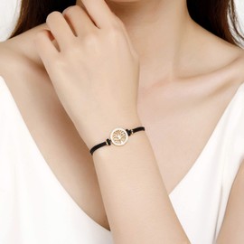 Jrêveinfini Tree of Life Bracelet Women's 925 Sterling Silver with 3A Cubic Zirconia, Handmade Braided Cord Bracelet, Adjustable 14 + 9 cm, Sterling Silver, Black cords, gold.