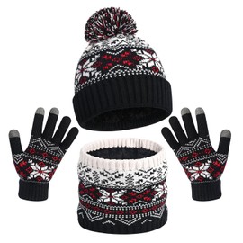 Kids Winter Knit Beanie Hat Scarf Gloves Set for Toddler Girls Boys with Pompom,Child Fleece Lining Hat Scarf Gloves