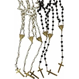 Bulk Mix 12 X Super Chic Black and Ivory Rosary Necklace with Word Italy Cross for Baptism, First Communion/Religious Favor With Gift Bag 19"