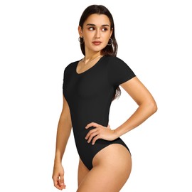 REORIA Black Double Lined Basic Bodysuits Short Sleeve Body Suits Trendy Summer Outfits Tops for Women 2025 X-Large